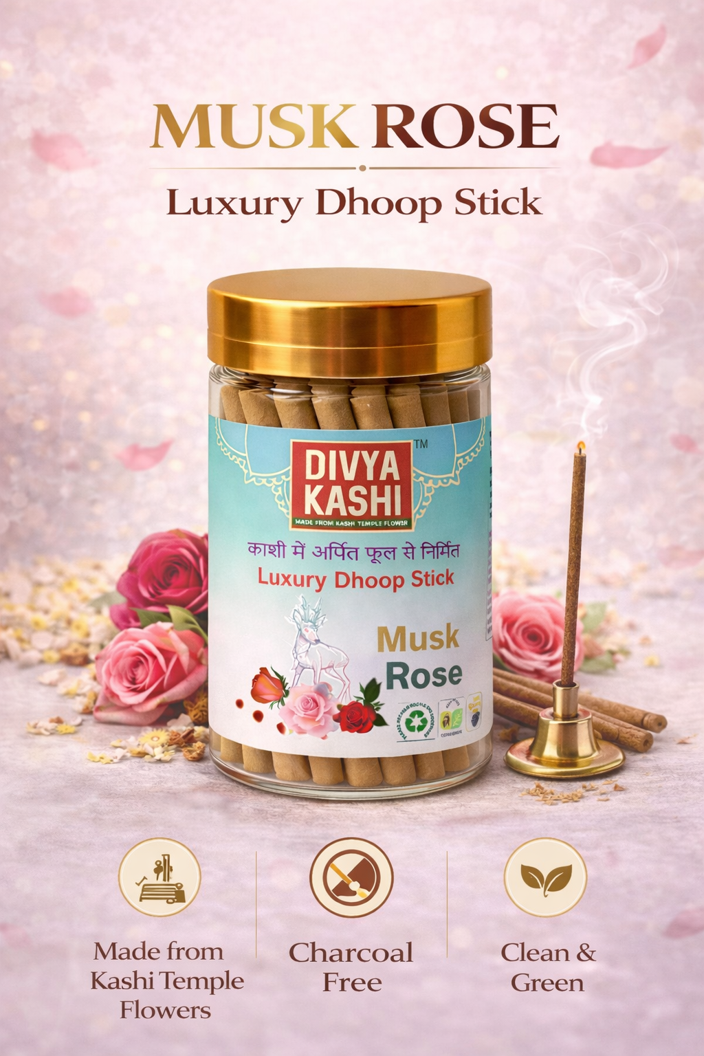 Divyakashi Luxuri Musk Rose Dhoop stick | Pure Divine Fragrance for Pooja, Temple & Meditation | 200 gm pack | Kashi Temple Flowers